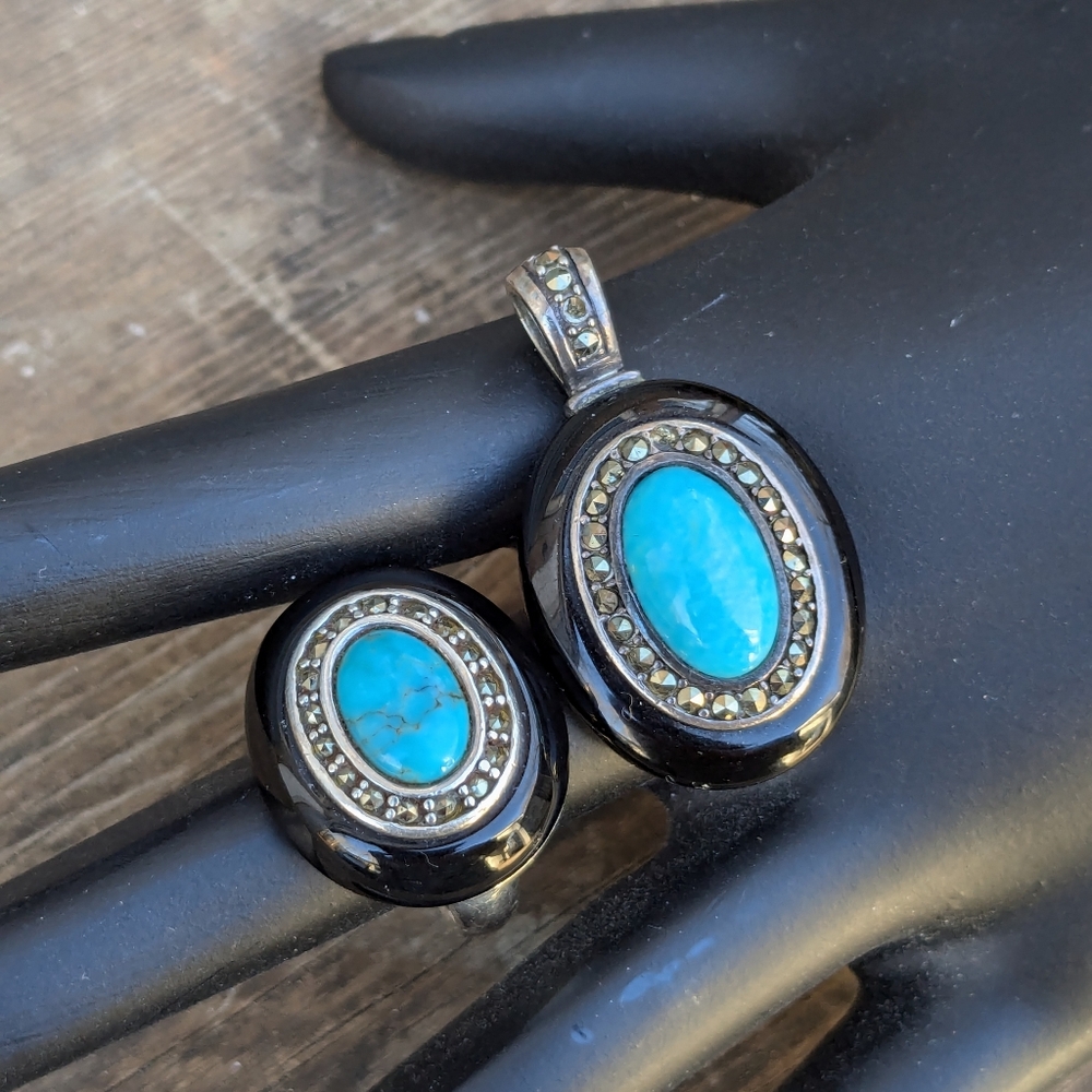 Turquoise and Marcasite Cocktail Ring Pendant Set - Picture 9 of 9